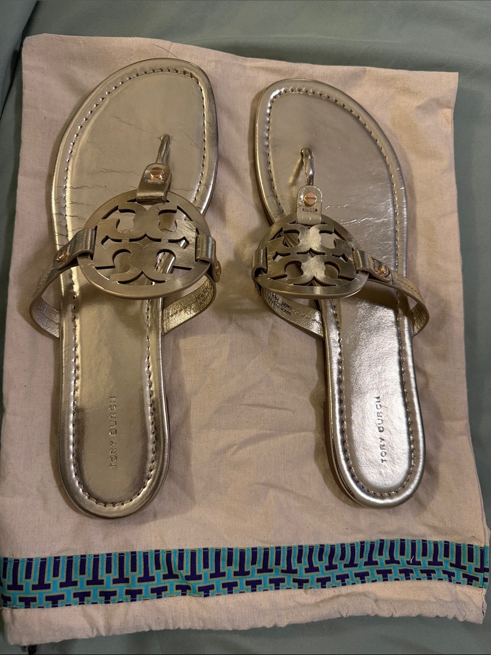 Tory Burch Metallic Gold Logo Thong Sandals